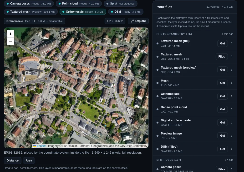 The Helios results screen with the town's orthomosaic on a satellite basemap, the measuring tools and the delivered file manifest beside it.