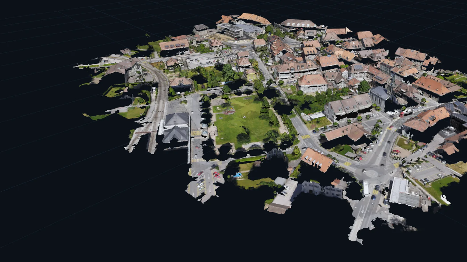 The same town again as continuous geometry with the photographs wrapped onto it.